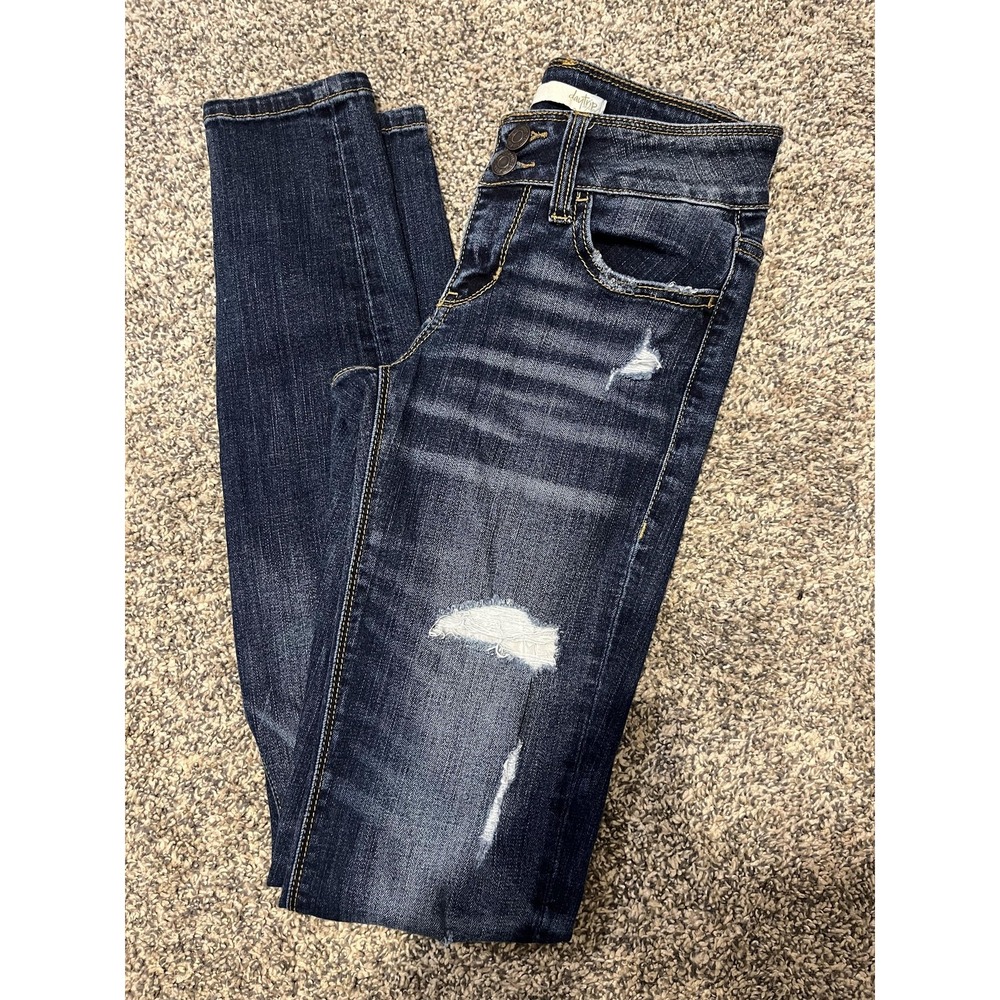 Daytrip Jeans Juniors 23 Dark Wash Distressed Lynx Skinny Mid Rise Blue Denim
